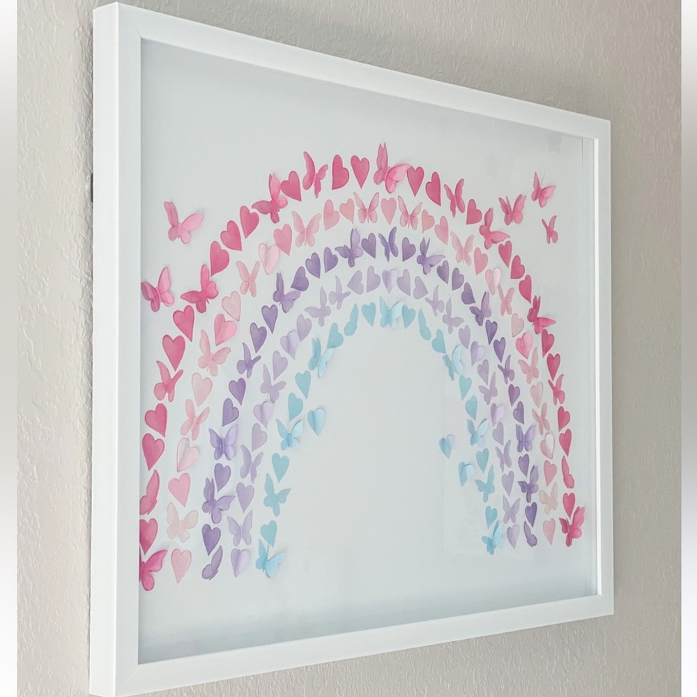 Framed Butterfly Heart Rainbow Wall Art White Decor